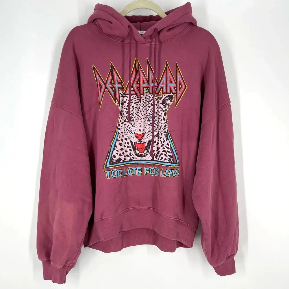 Daydreamer Def Leppard Too Late For Love Oversized Hoodie Sweatershirt Pink XS